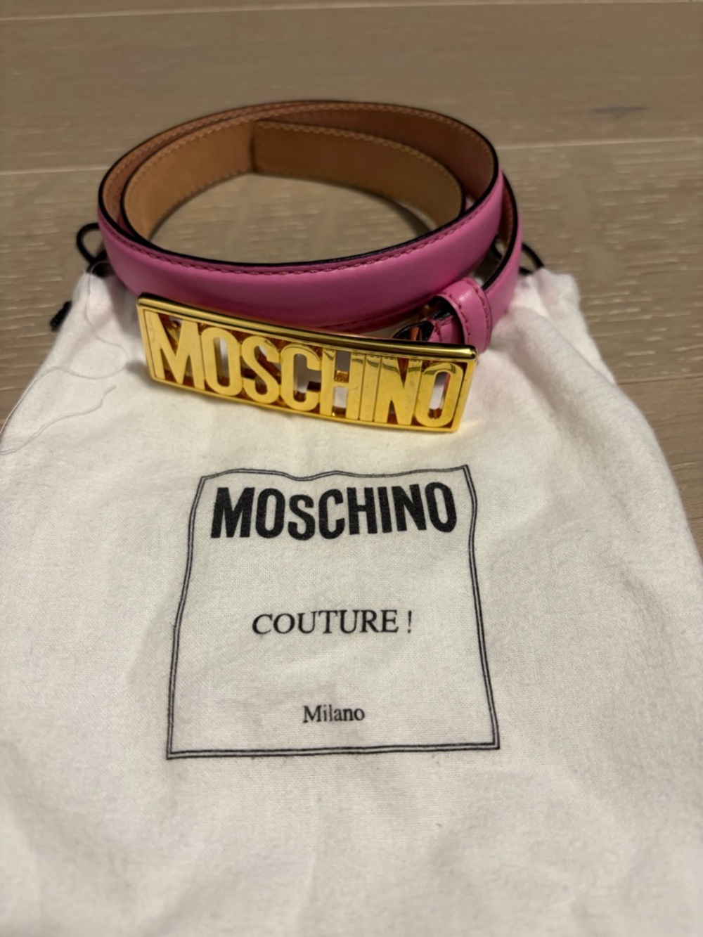 Moschino Pink Leather Belt with Gold MOSCHINO Plaque